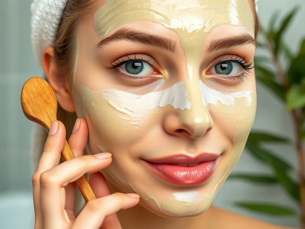 Kobieta nakłada szpatułką kremową maskę z zielonej herbaty na twarz w relaksującej atmosferze domowego spa.
