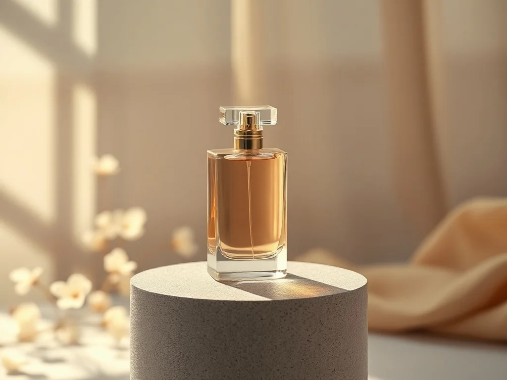 Elegancki flakon perfum La Rive Her Choice na kamiennym postumencie w otoczeniu delikatnych kwiatów i ciepłego światła.