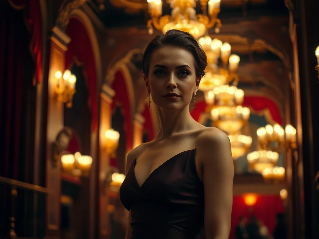 Elegancka kobieta w koktajlowej sukni w stylowym foyer teatru, prezentująca szykowną stylizację na wieczorny spektakl.