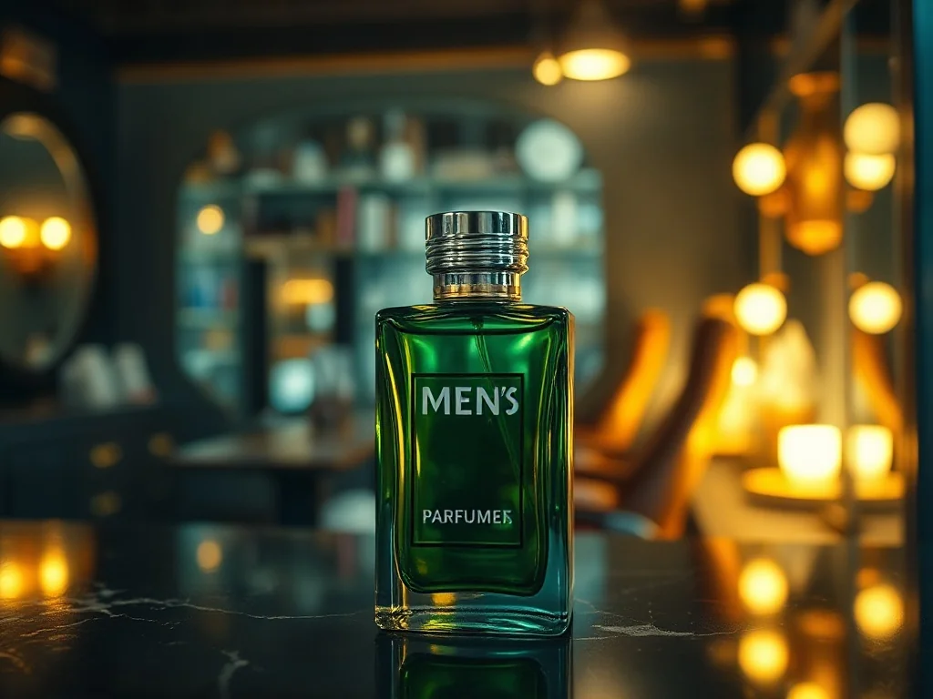 Elegancki flakon perfum Paco Rabanne pour homme na marmurowym blacie w klimacie klasycznego salonu fryzjerskiego.