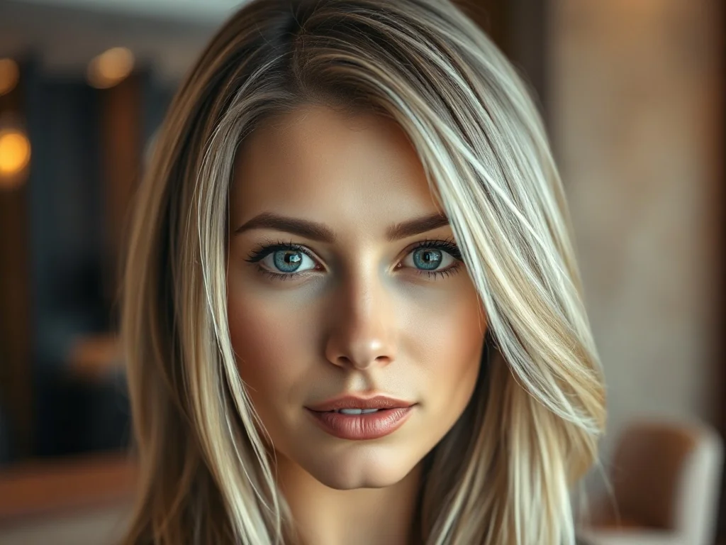 Kobieta z modną fryzurą typu „dark roots”, gdzie ciemne odrosty płynnie przechodzą w jasny blond.