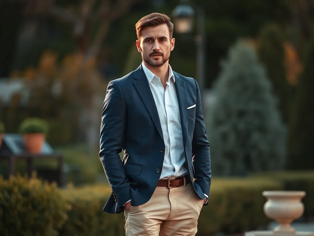 Elegancka stylizacja na wesele: granatowa marynarka, biała koszula i beżowe chinosy w ogrodowej scenerii.