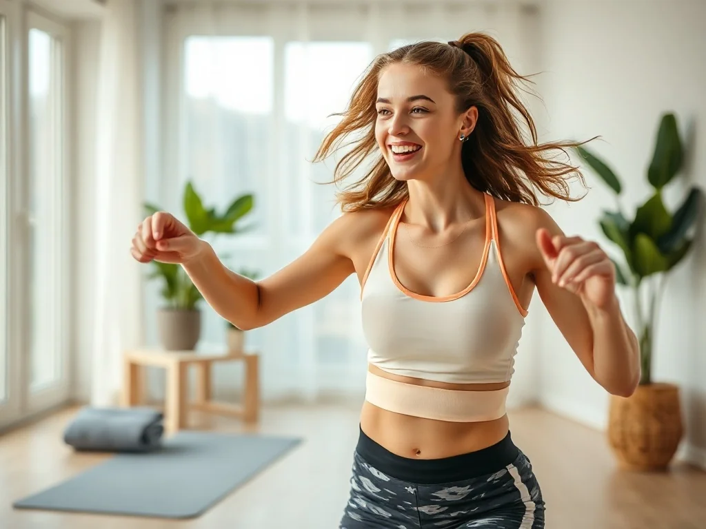 Kobieta w sportowym stroju energicznie tańczy zumbę w jasnym, nowoczesnym salonie.