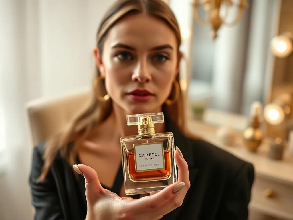 Elegancka kobieta trzymająca minimalistyczny flakon perfum na tle luksusowej toaletki w ciepłych, złotych barwach.